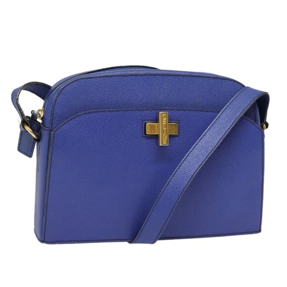 CELINE Shoulder Bag Leather Blue Gold Auth - Picture 1 of 16